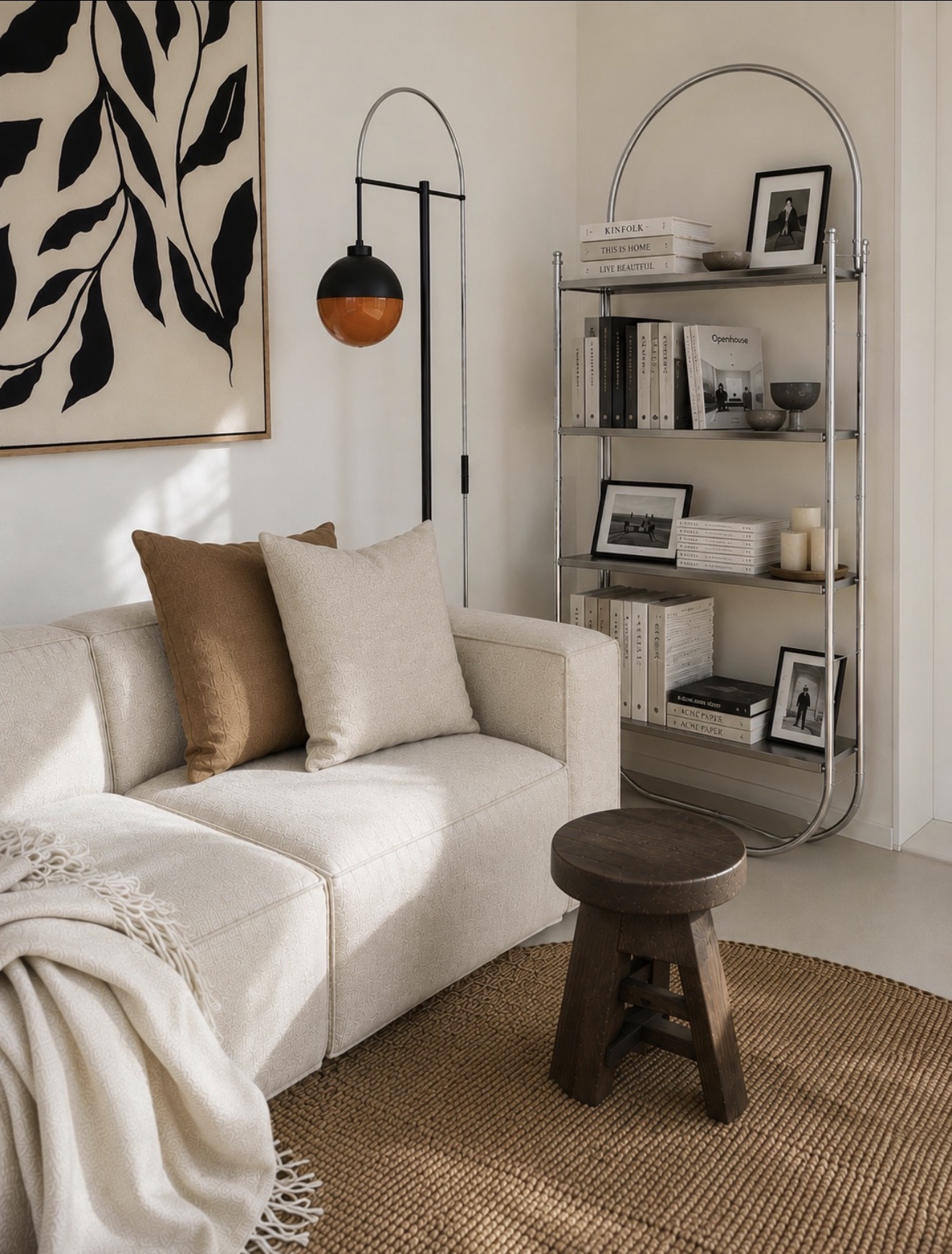 Detalj interijera Ane Banchi: svijetla sofa, narančasta lampa, kromirana polica i umjetničko djelo